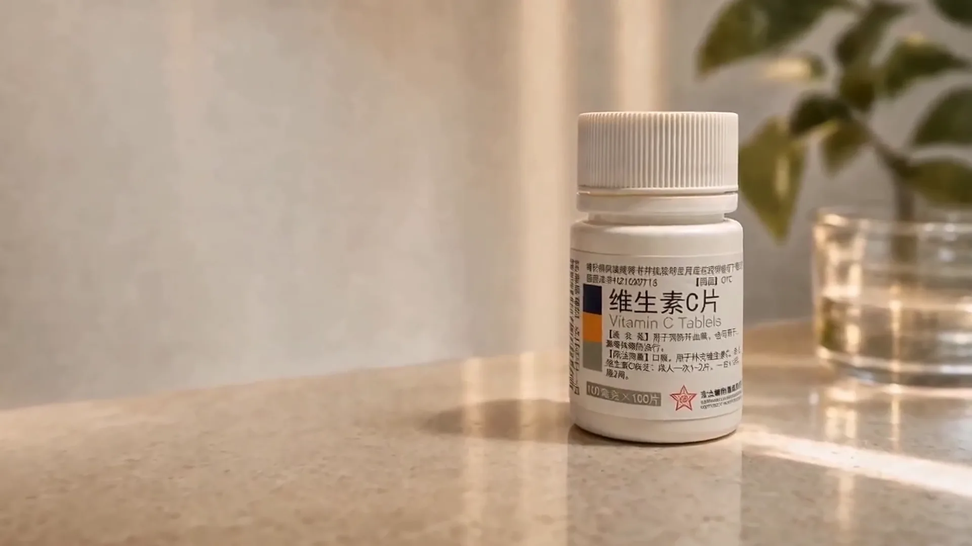 维生素C片瓶在暖色桌面上的最终产品画面